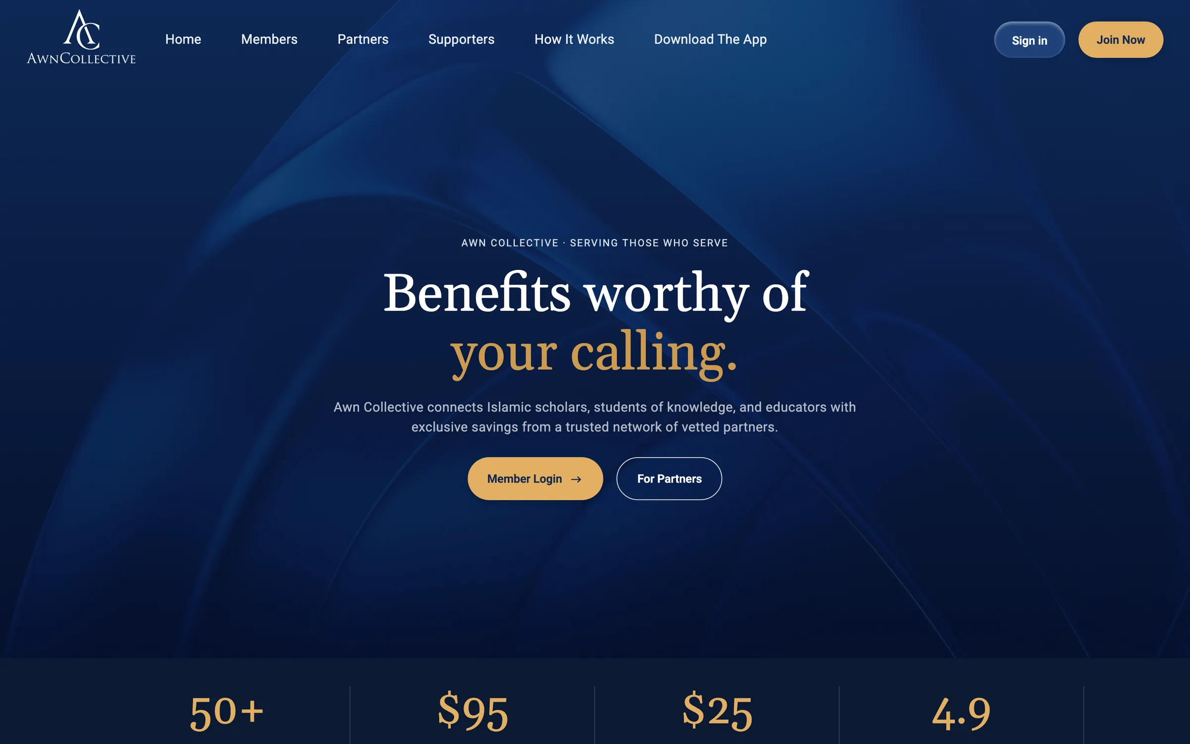 AWN Collective homepage. A navy hero with the headline Benefits worthy of your calling, a short description and buttons for member login and partners.