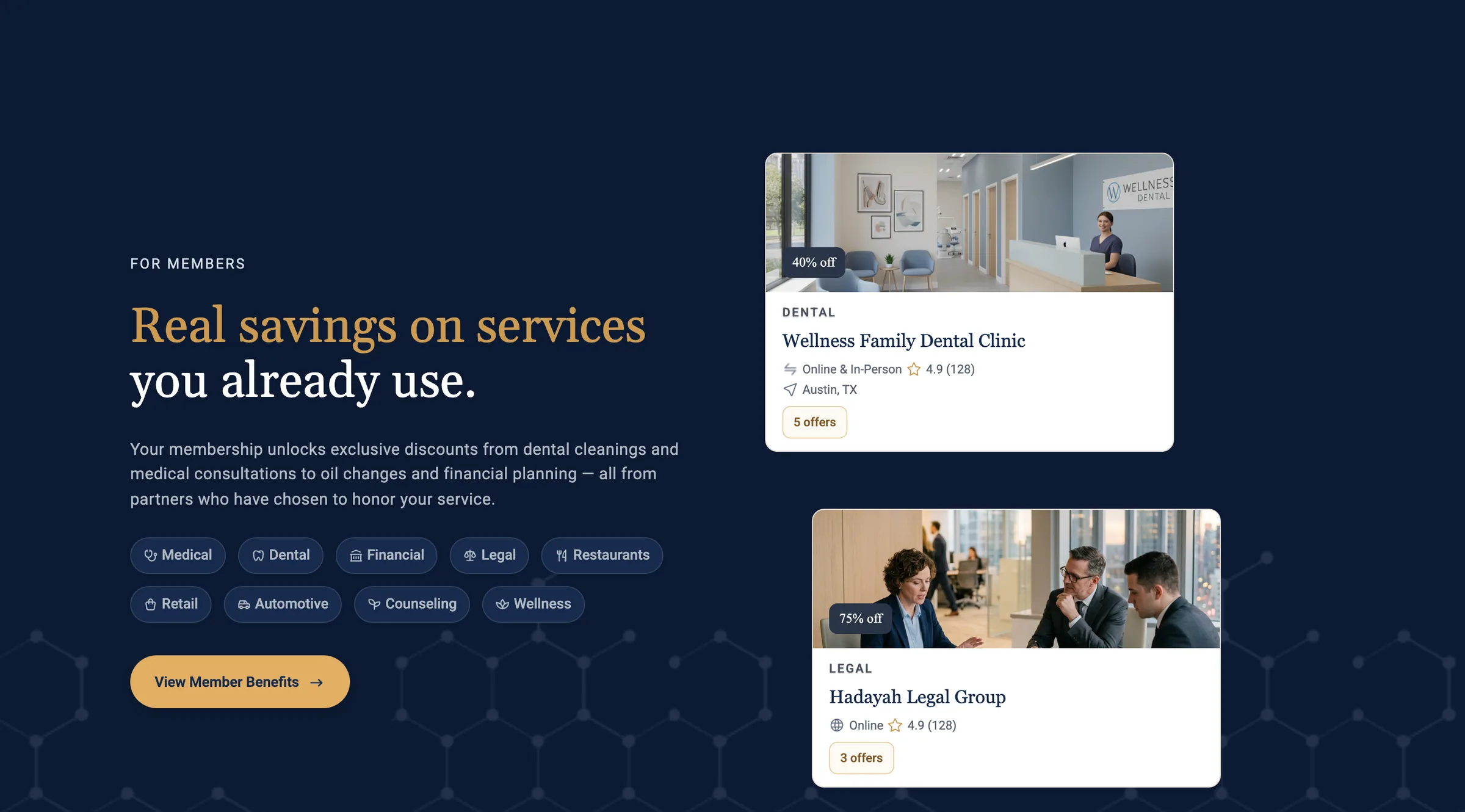 Members section on a navy background with the headline Real savings on services you already use, category chips and two example partner offer cards.