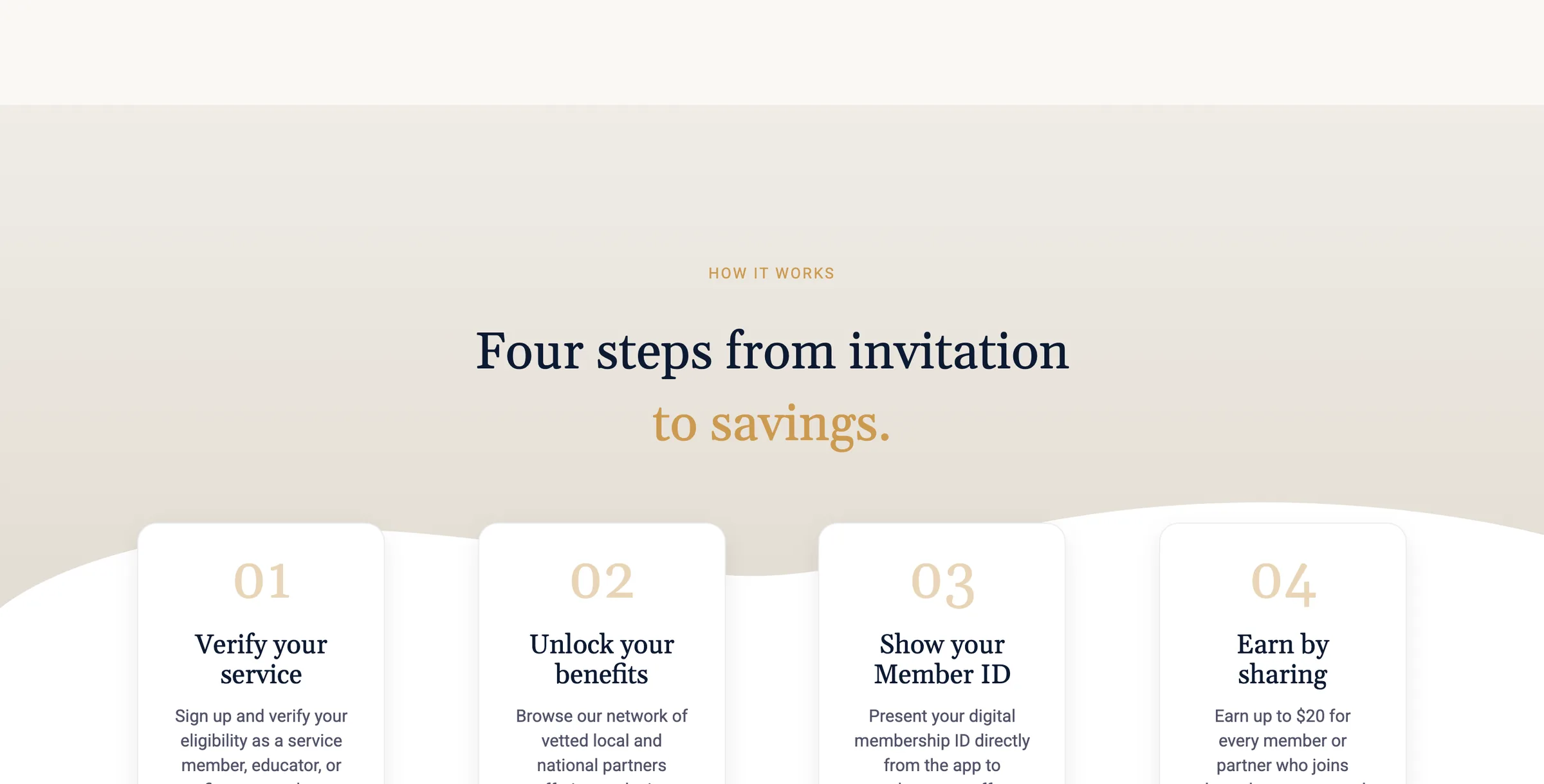 How it works section with four numbered cards: verify your service, unlock your benefits, show your member ID and earn by sharing.