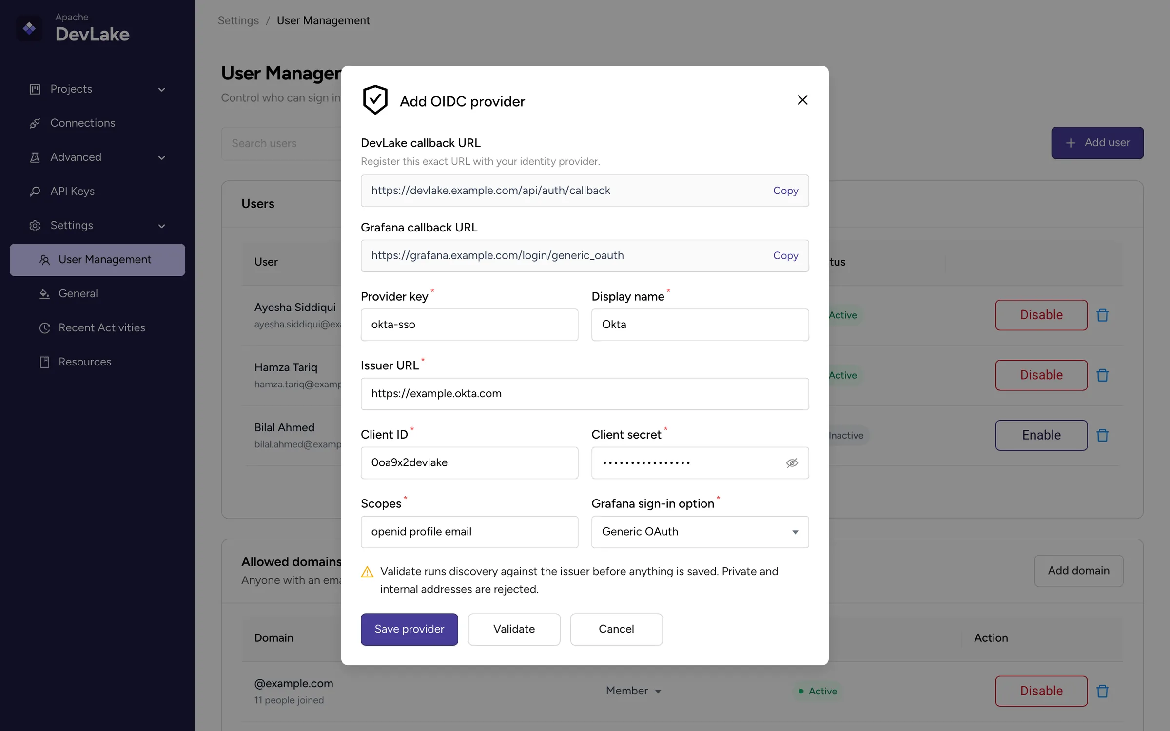 Add OIDC provider dialog over the User Management page, with callback URLs to copy, provider key, display name, issuer URL, client ID, client secret, scopes and a Grafana sign in option.