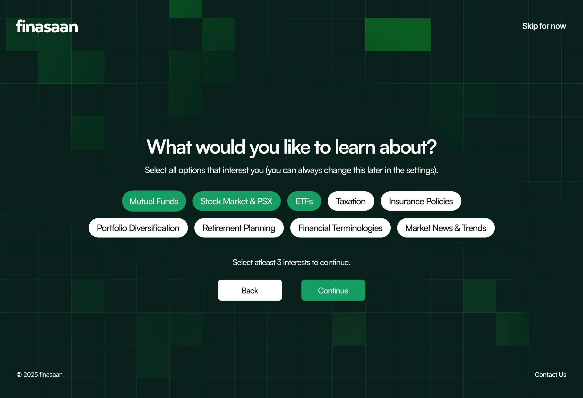 Onboarding screen asking What would you like to learn about, with topic chips such as Mutual Funds, Stock Market and PSX, ETFs and Taxation.