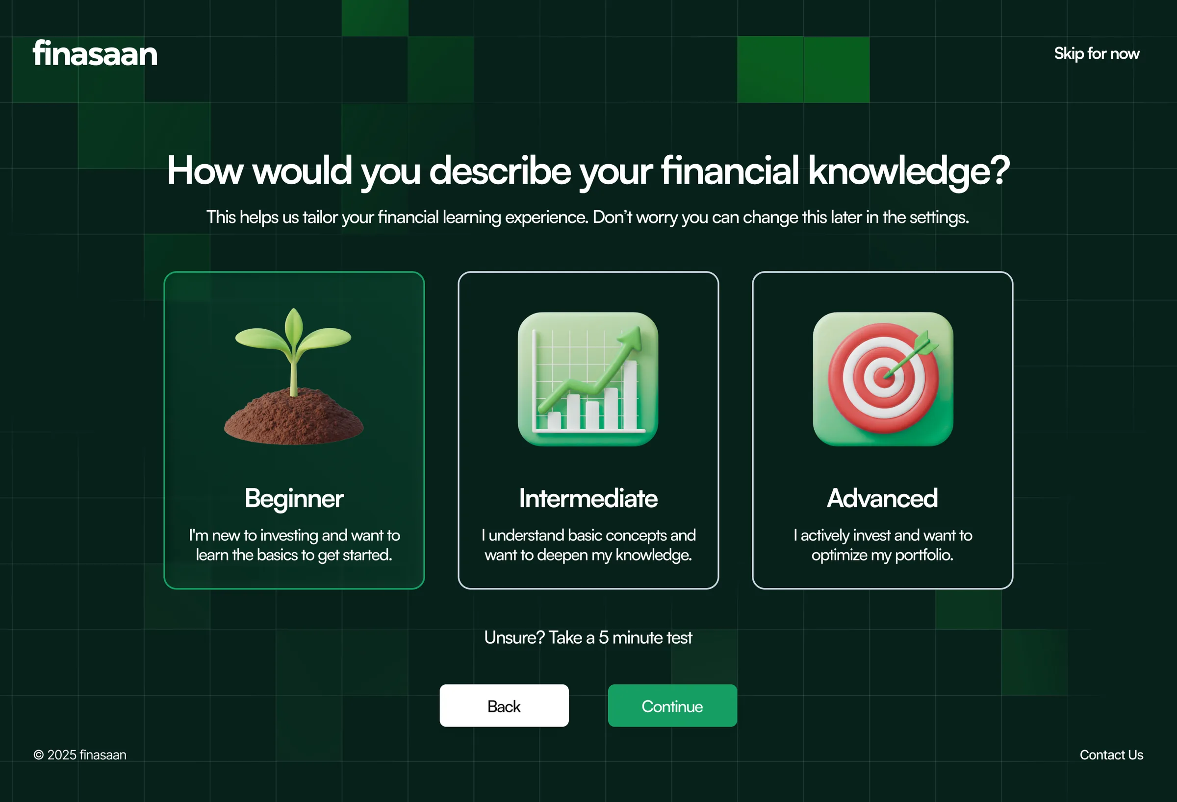 Onboarding screen asking How would you describe your financial knowledge, with Beginner, Intermediate and Advanced cards.