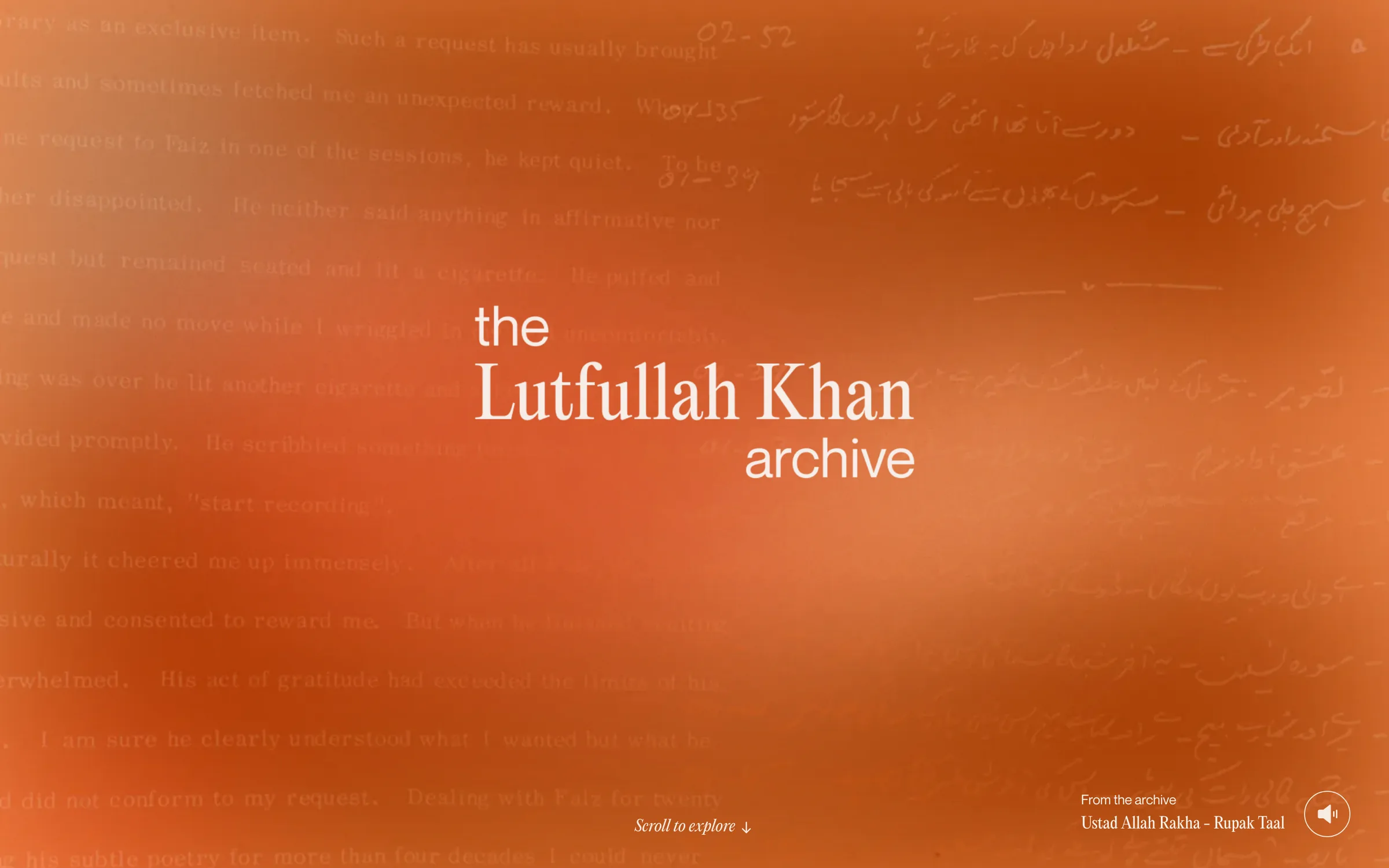 Landing hero with the archive wordmark over a blurred orange background of typed and handwritten Urdu notes.
