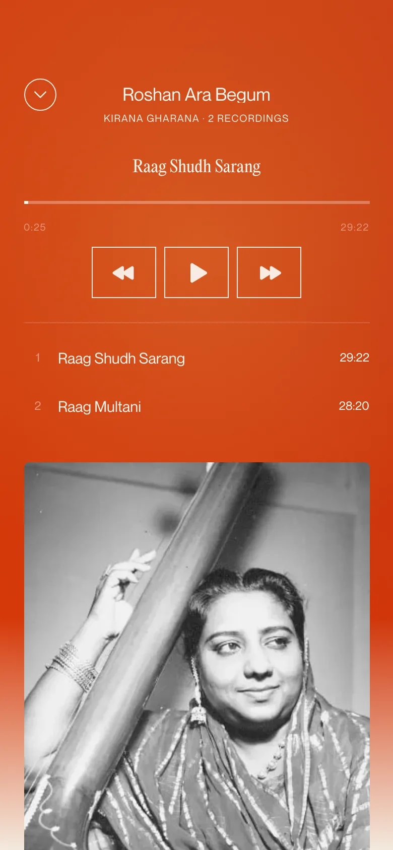 Mobile profile drawer for Roshan Ara Begum with the current raag, playback controls, a track list and a black and white photograph.