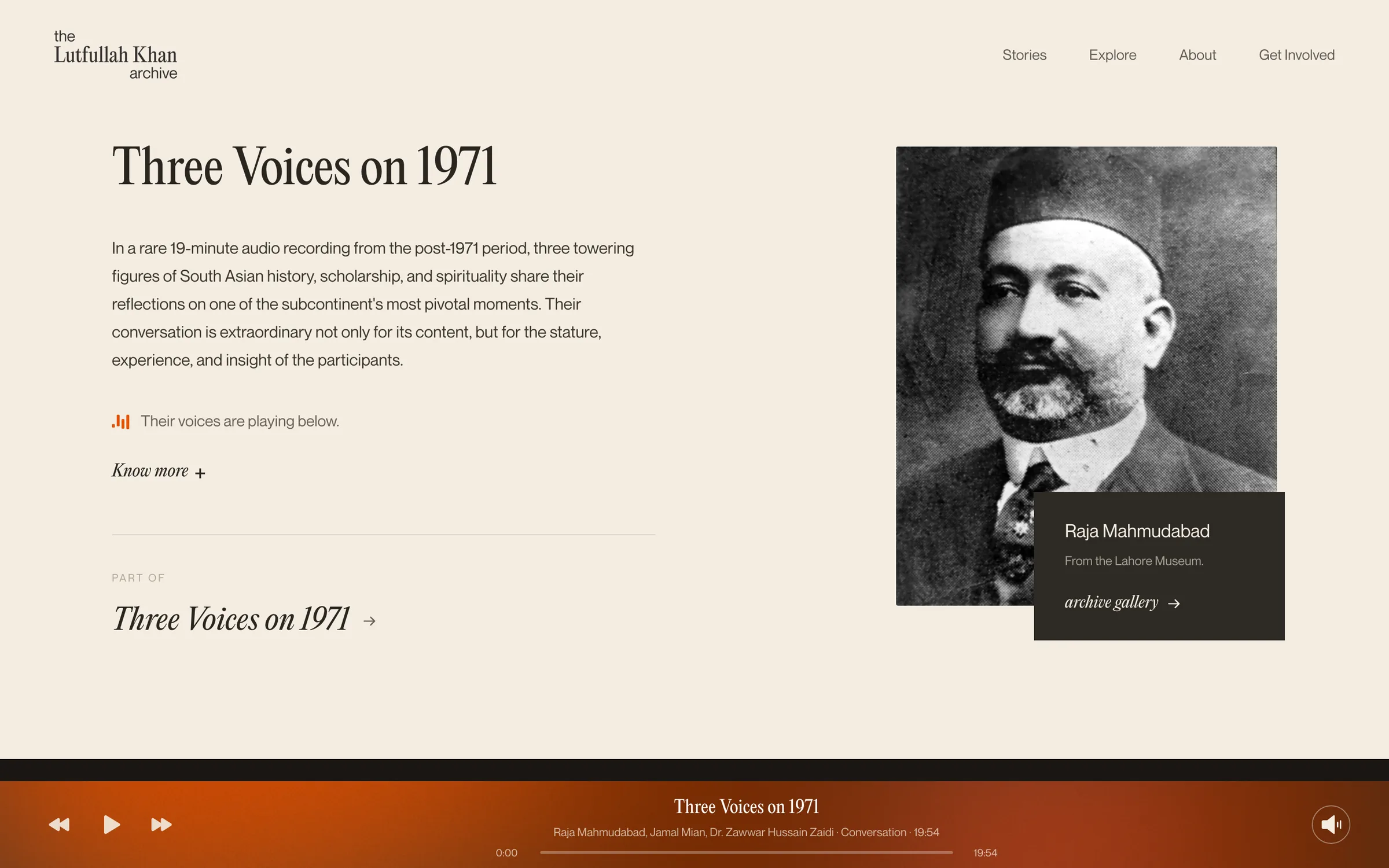 Three Voices on 1971 profile page with a description of a rare 19 minute recording and an archival portrait of Raja Mahmudabad.