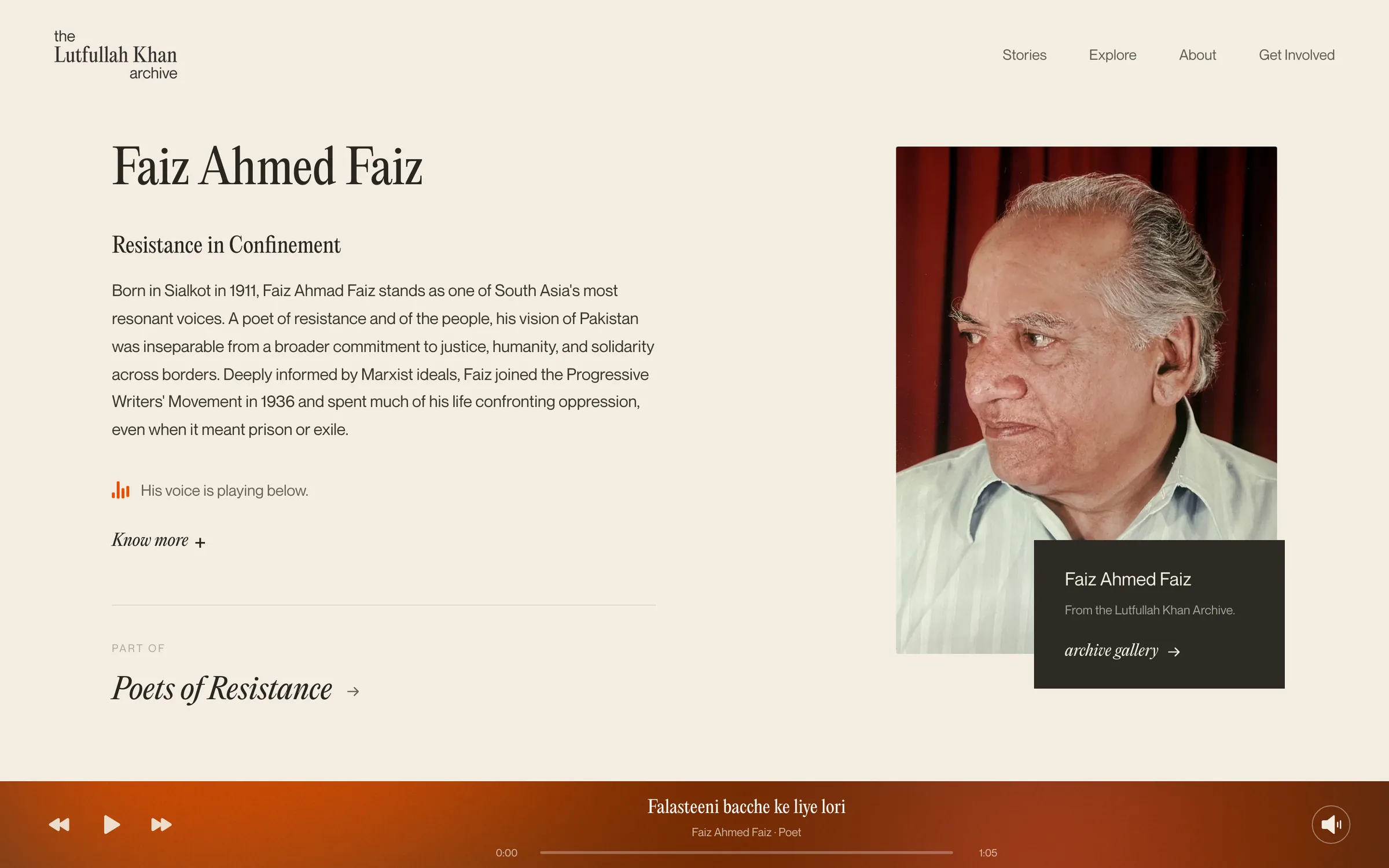 Faiz Ahmed Faiz profile page with a biography, a portrait photograph and an orange player bar along the bottom playing Falasteeni bacche ke liye lori.