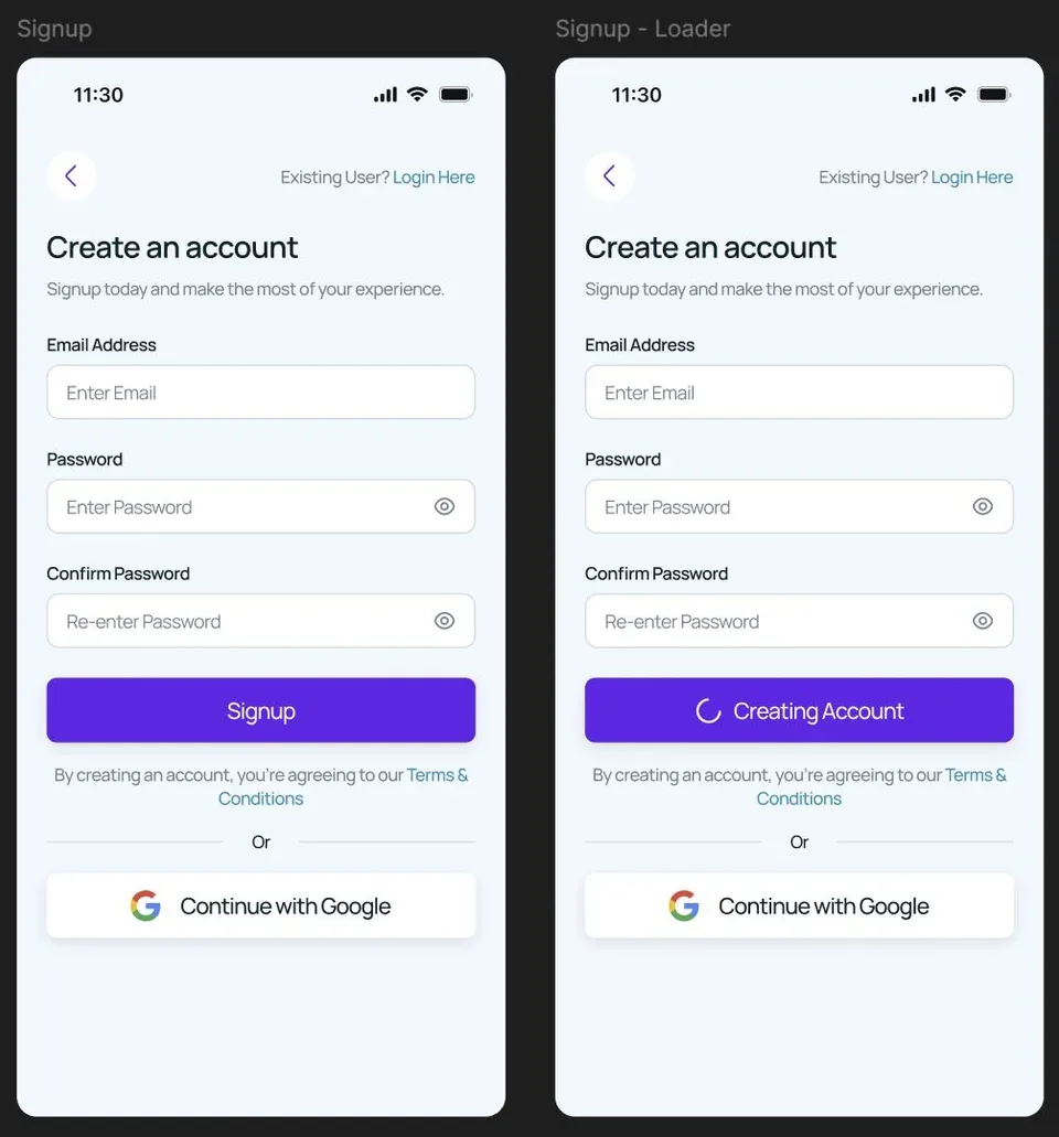 Two Rate My Ustaad signup screens side by side, the second showing the Creating Account loading state.