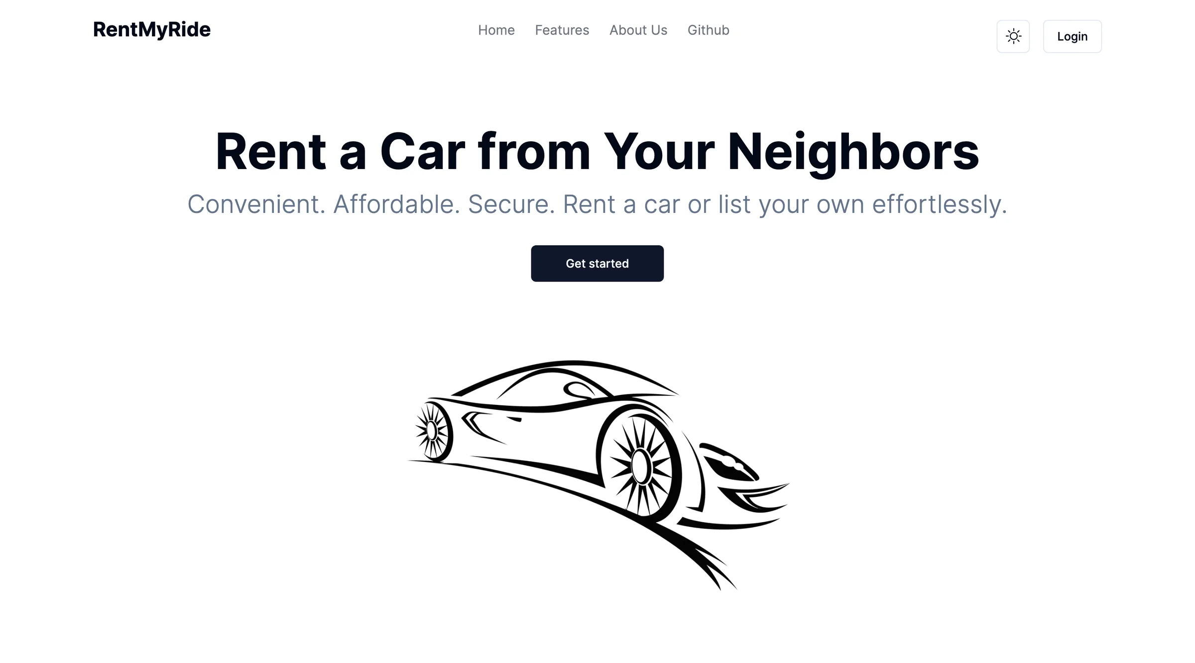RentMyRide homepage with the headline Rent a car from your neighbors, a Get started button and a line drawing of a sports car.